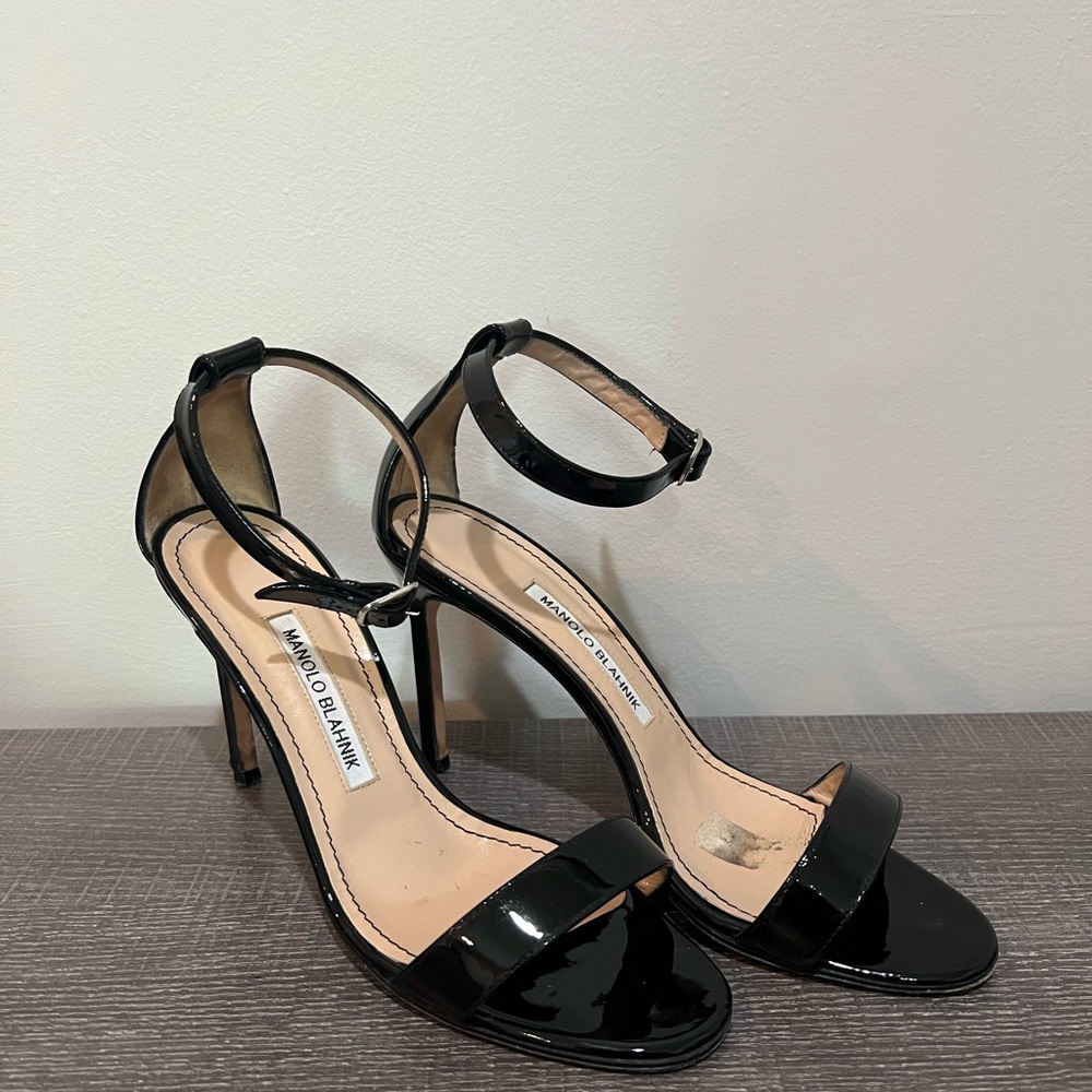 Manolo Blahnik Black Patent Ankle Strap Sandals, size 37.5